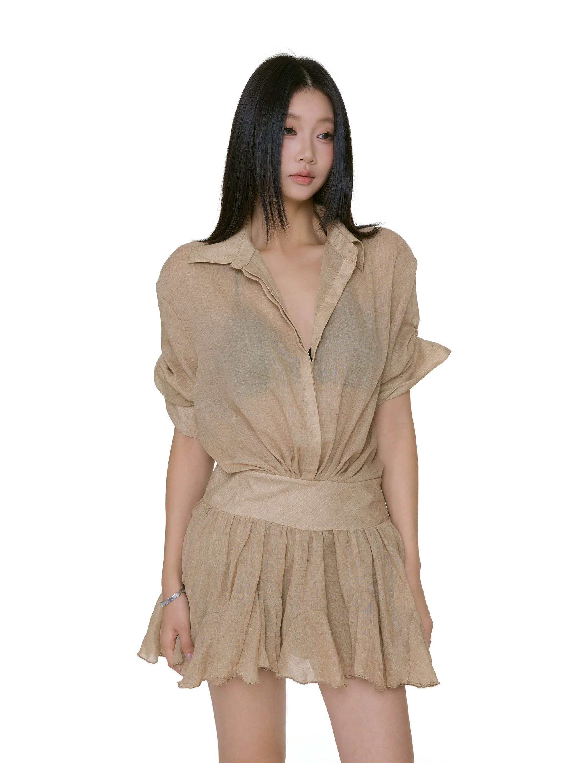 Collared Mini Shirt Dress with Gathered Waist and Flared Hem - Image 5