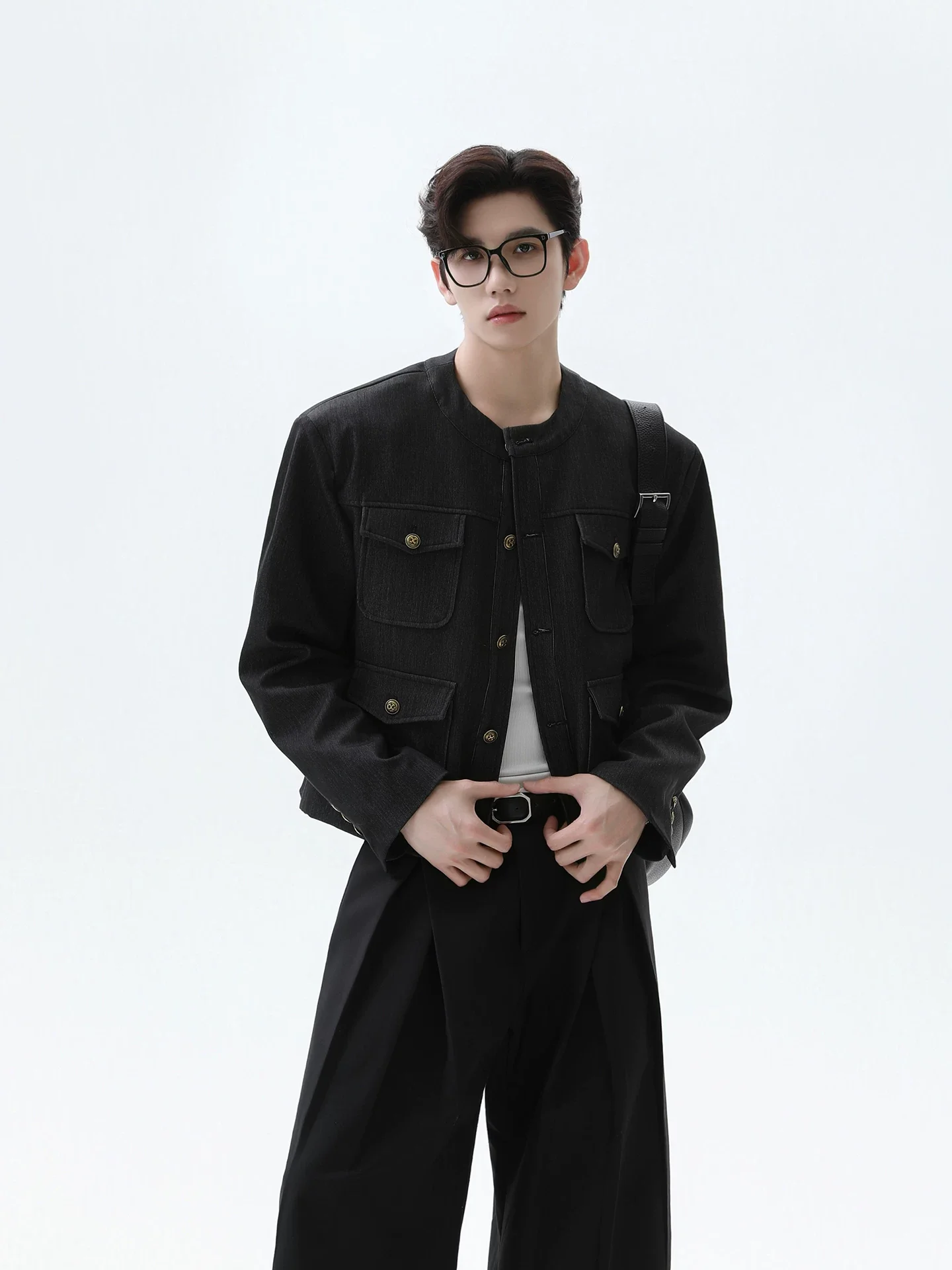 Collarless Mid Crop Worker Jacket with Patch Pockets - Image 2
