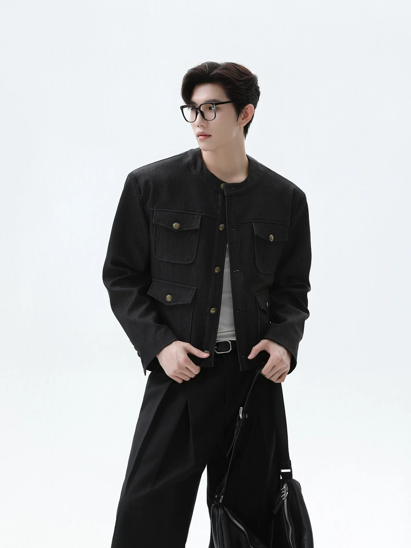 Collarless Mid Crop Worker Jacket with Patch Pockets - Image 3