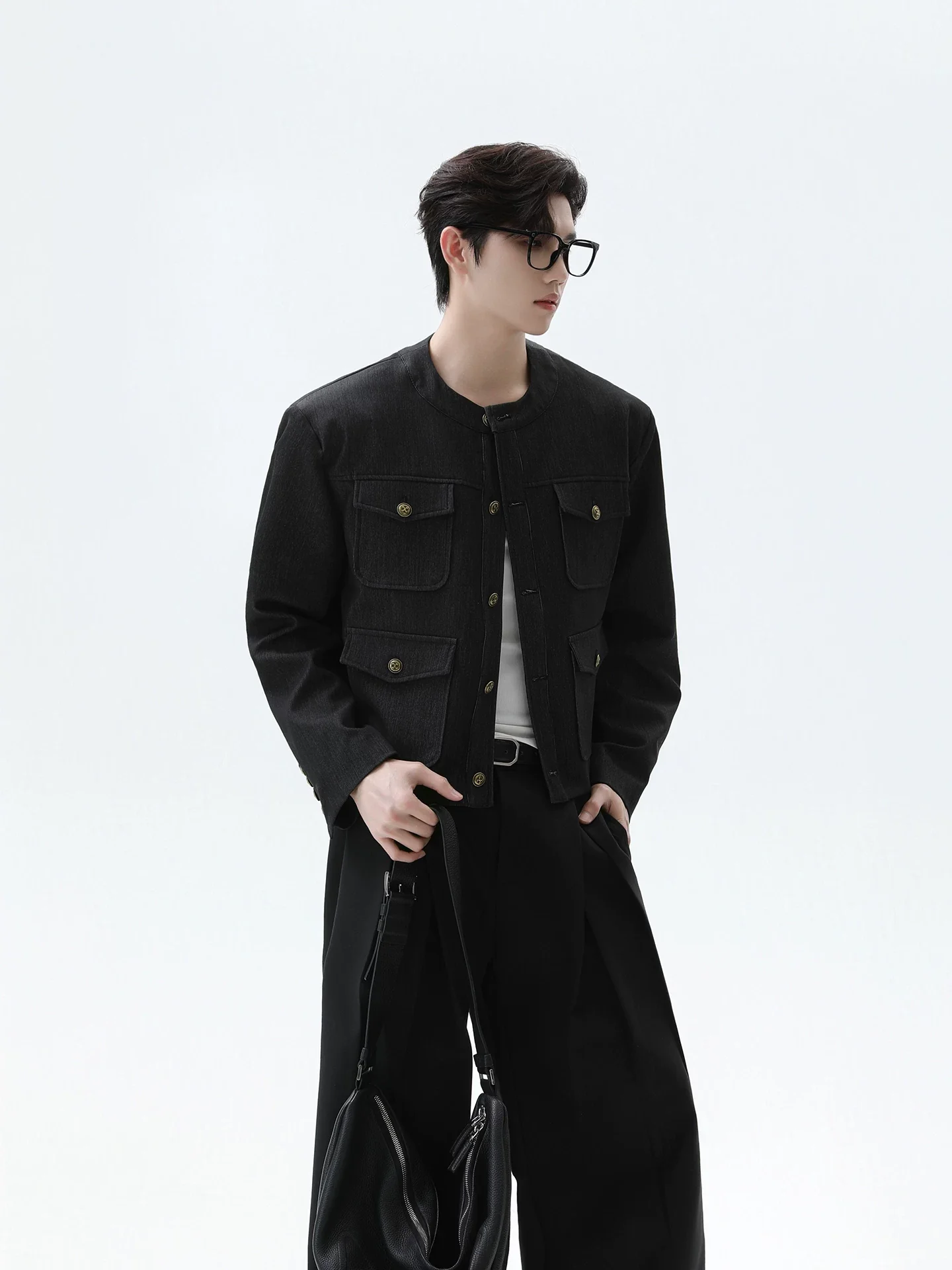Collarless Mid Crop Worker Jacket with Patch Pockets - Image 4