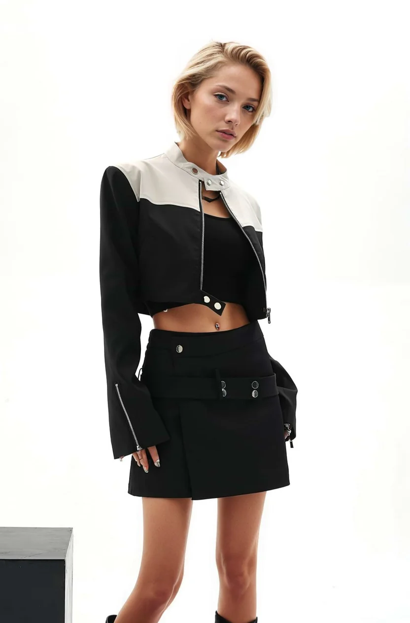 Color Block Cropped Moto Zip Up Jacket - Image 2