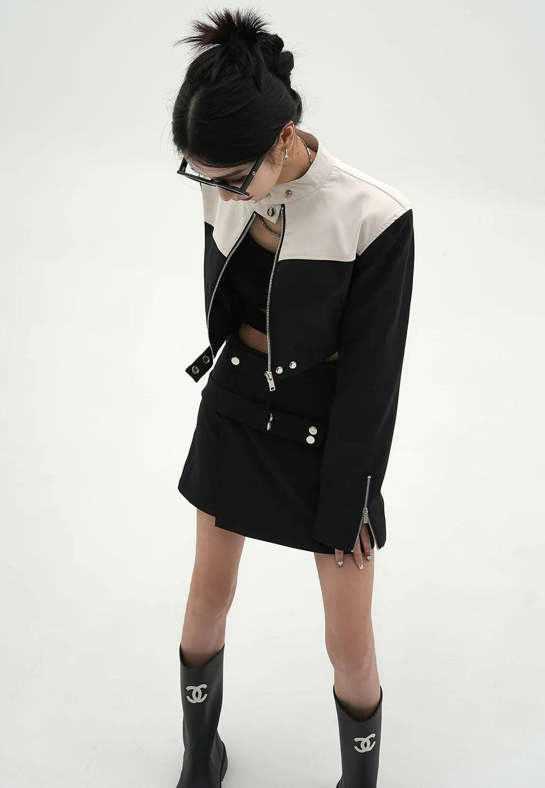 Color Block Cropped Moto Zip Up Jacket - Image 8