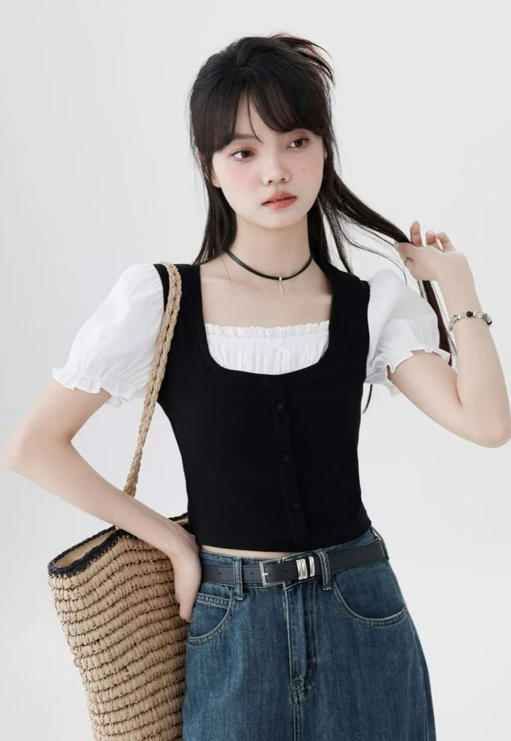 Color Block Mock Two-Piece Puff Shoulder Top - Image 7