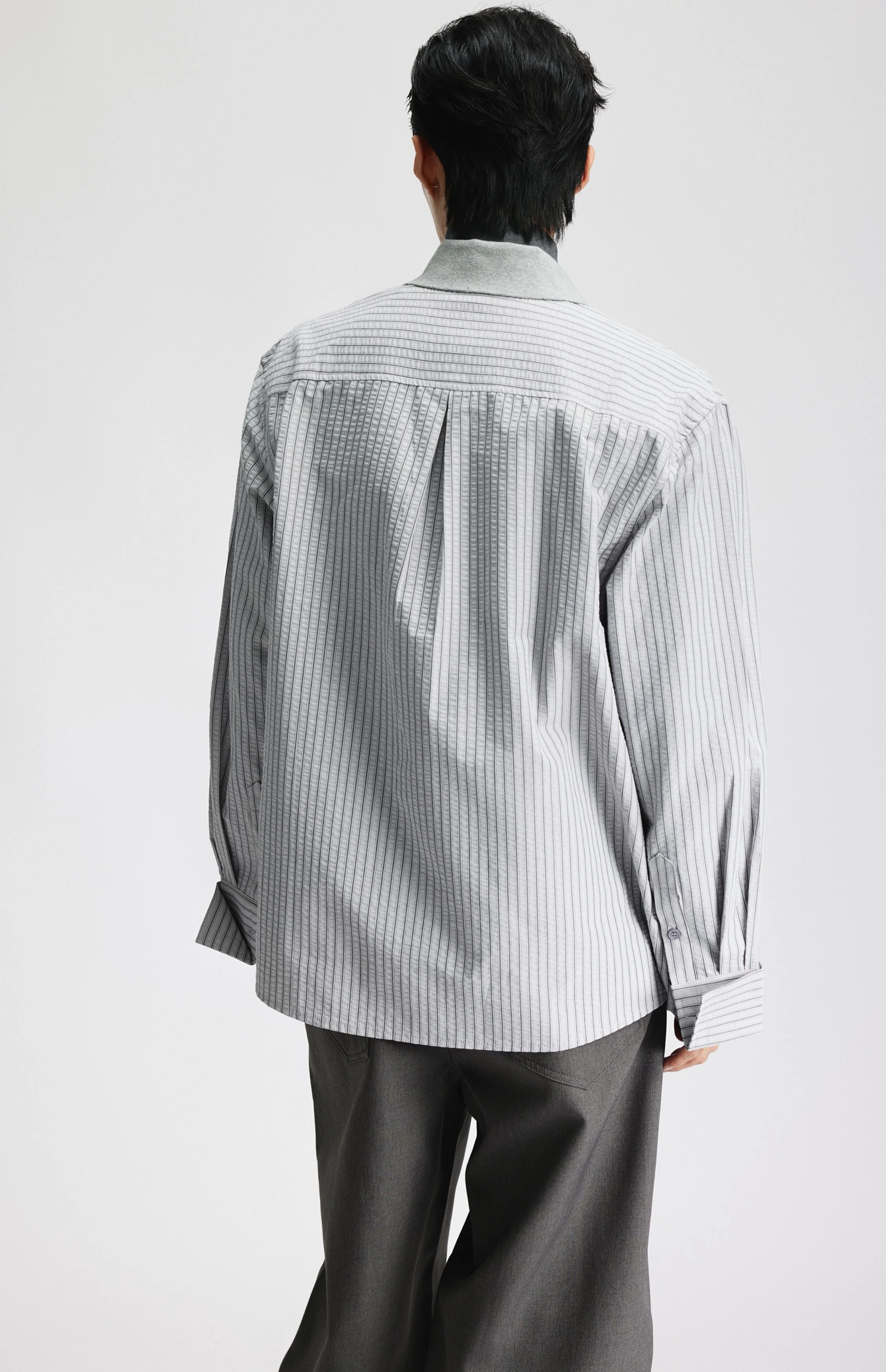 Contrast Collar Pinstripe Long Sleeve Button Shirt - Image 3