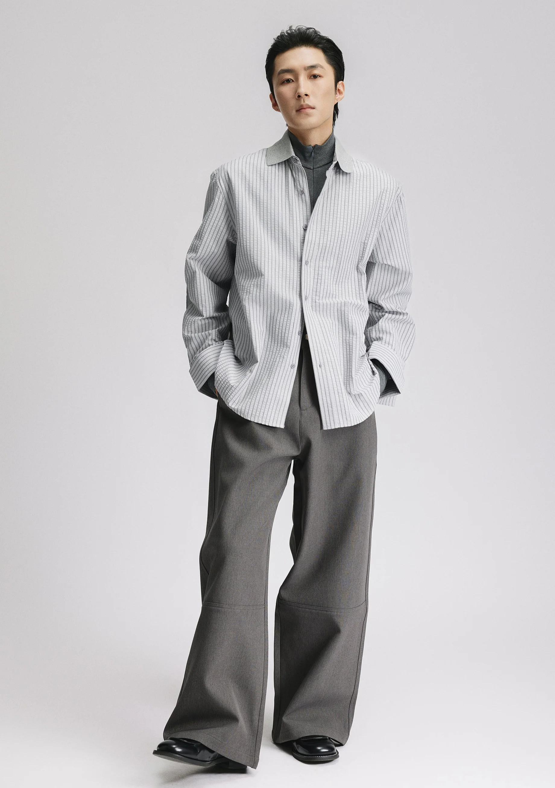 Contrast Collar Pinstripe Long Sleeve Button Shirt - Image 7