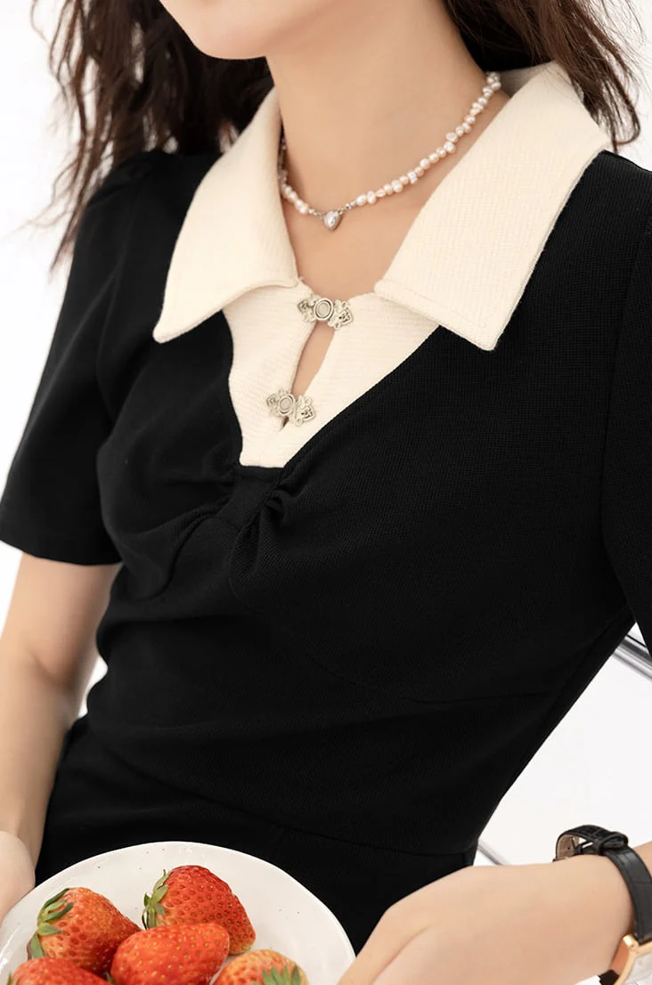 Contrast Collar Puff Shoulder Midi Dress - Image 13