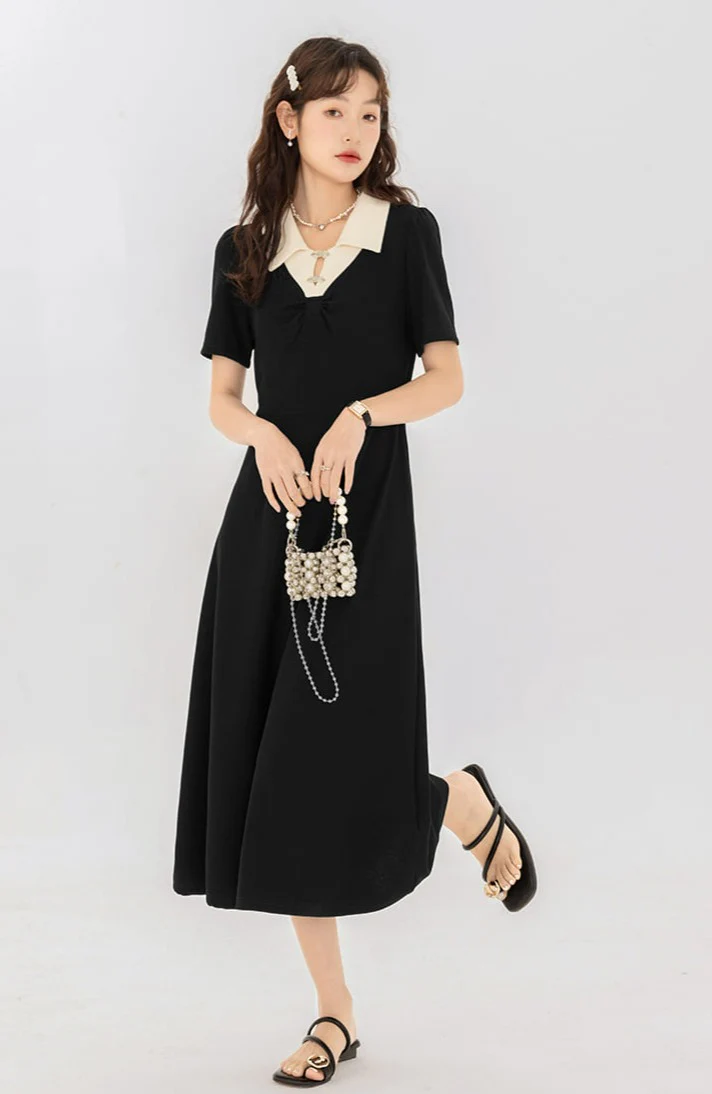 Contrast Collar Puff Shoulder Midi Dress - Image 2