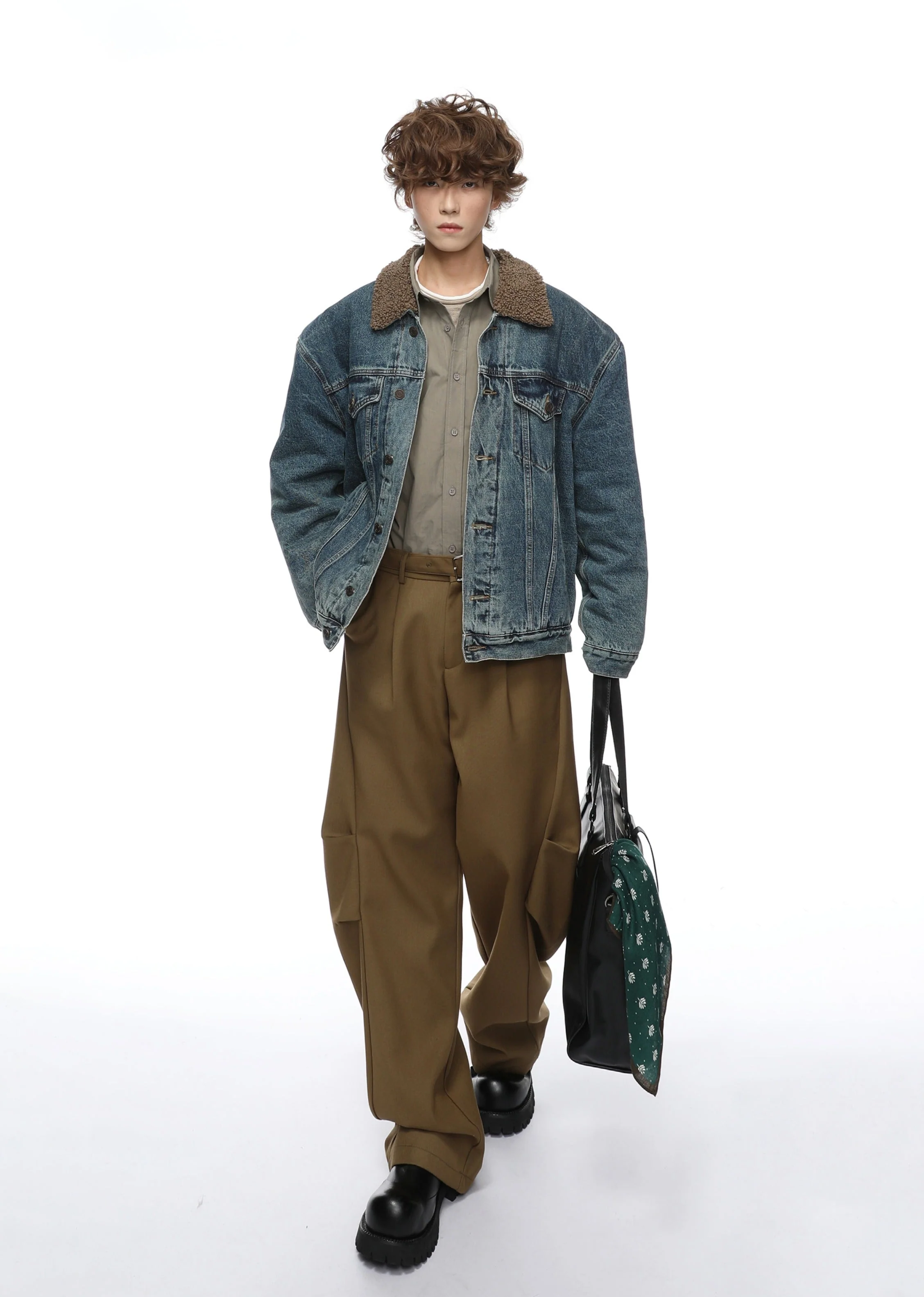 Contrast Collar Sherpa Lined Button Denim Jacket - Image 7