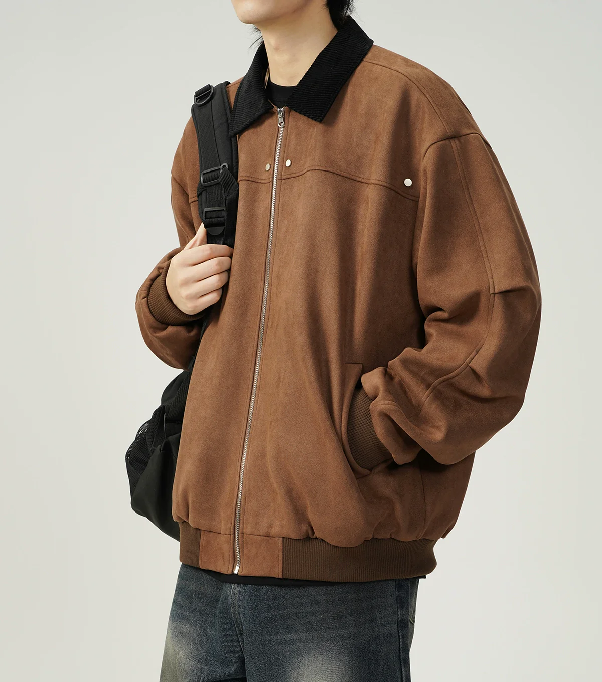 Contrast Collar Suede Panelled Bomber Jacket - Image 14