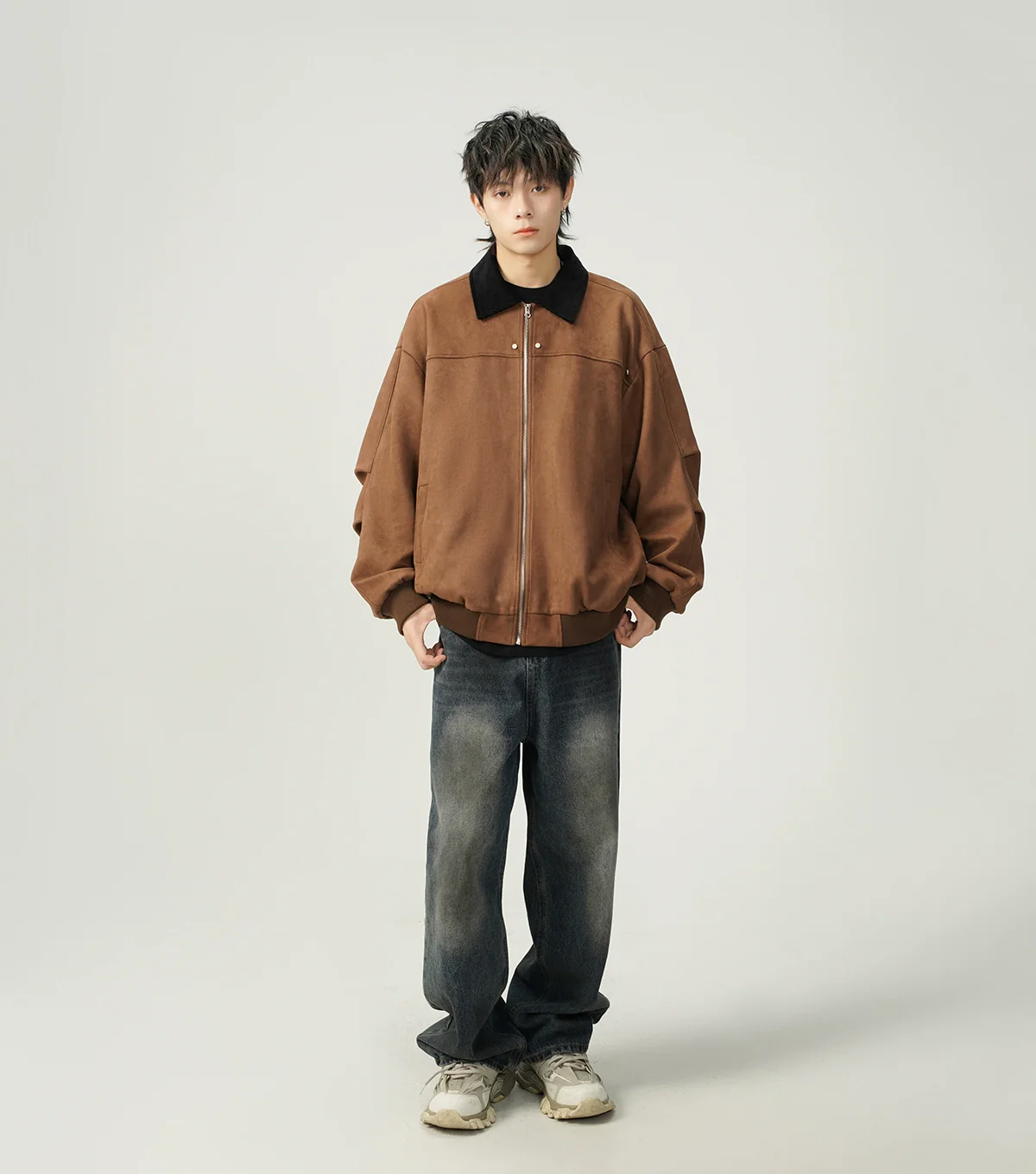 Contrast Collar Suede Panelled Bomber Jacket - Image 15