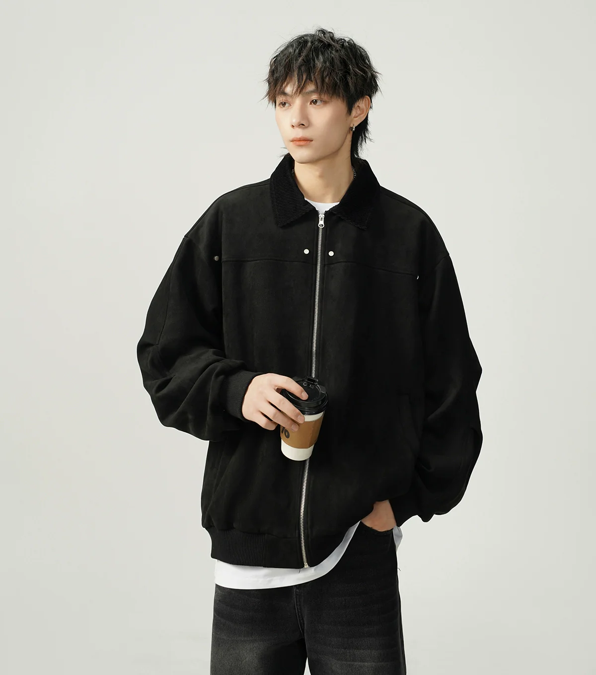 Contrast Collar Suede Panelled Bomber Jacket - Image 21
