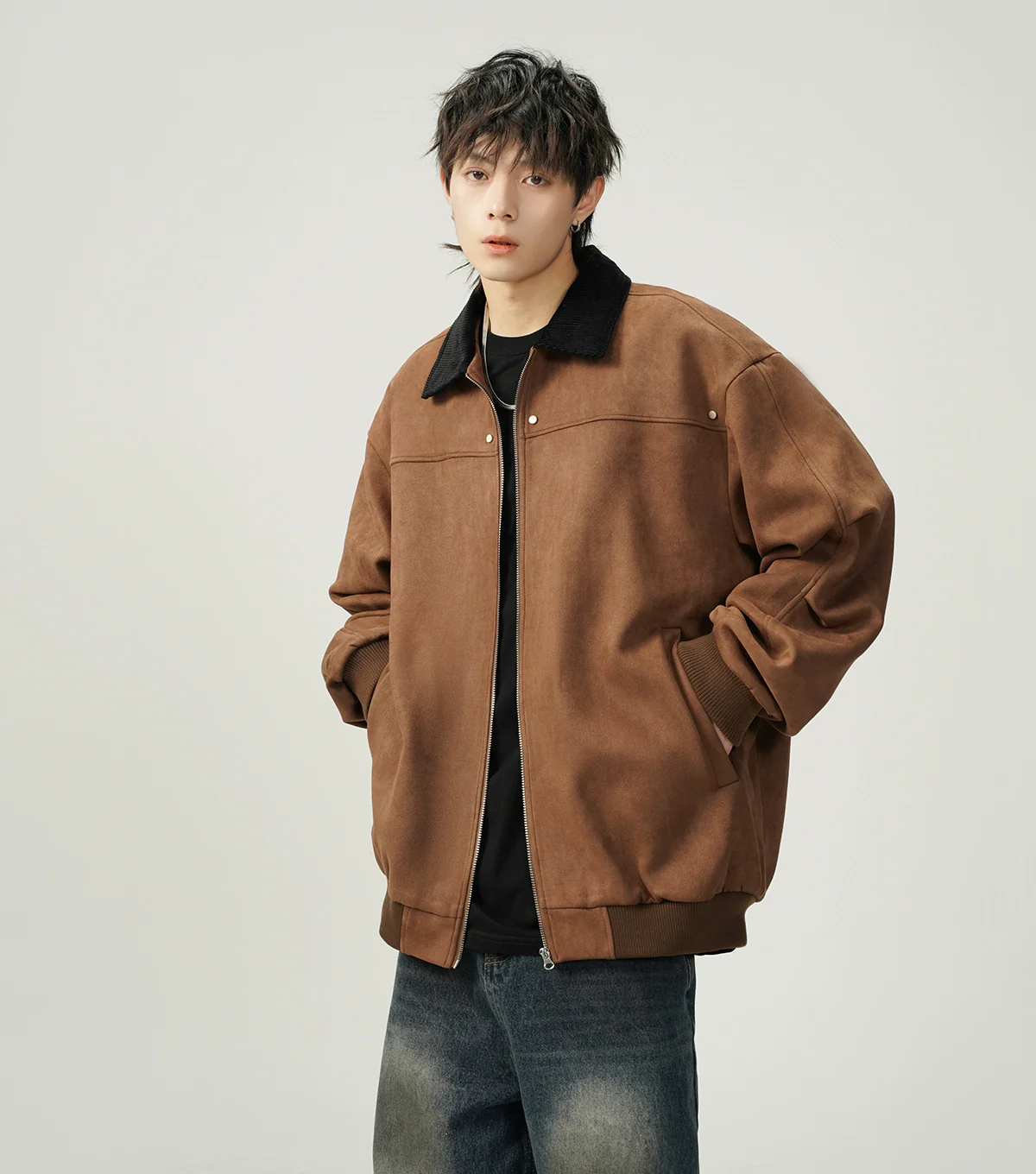 Contrast Collar Suede Panelled Bomber Jacket - Image 4