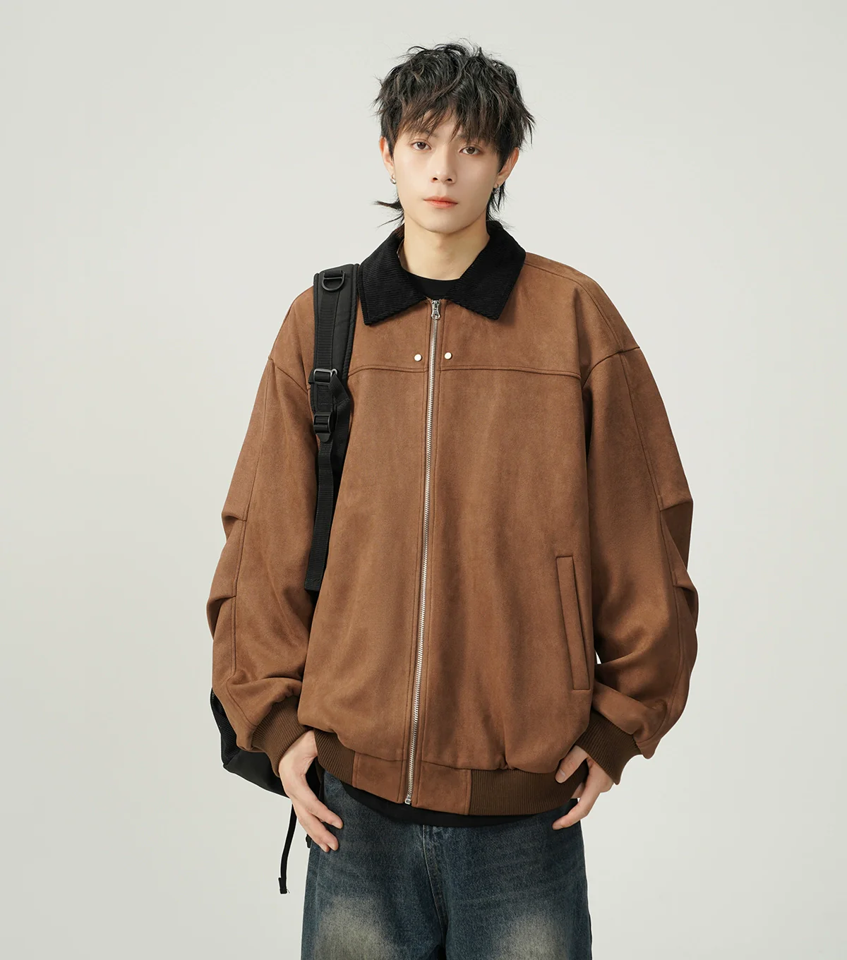 Contrast Collar Suede Panelled Bomber Jacket - Image 5