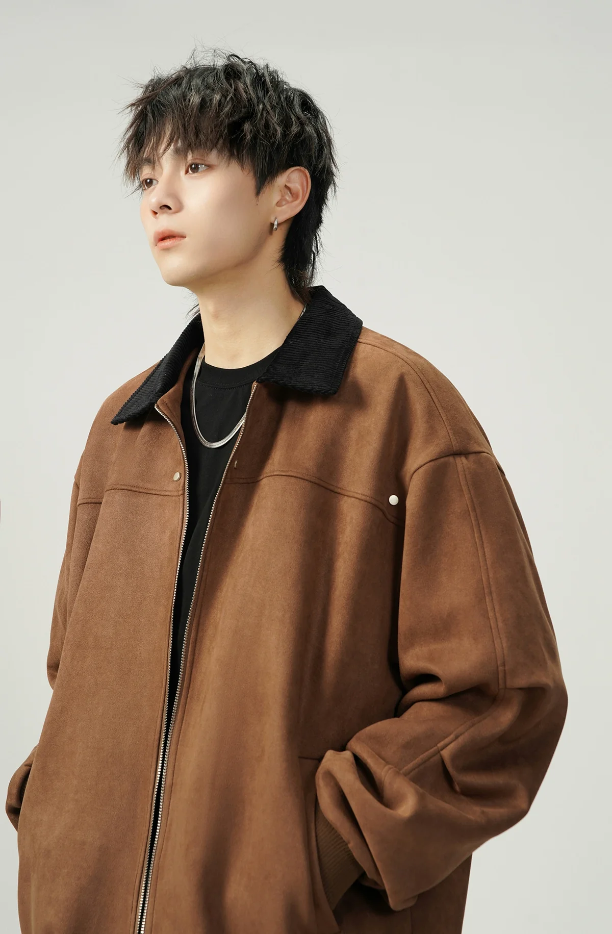 Contrast Collar Suede Panelled Bomber Jacket - Image 6