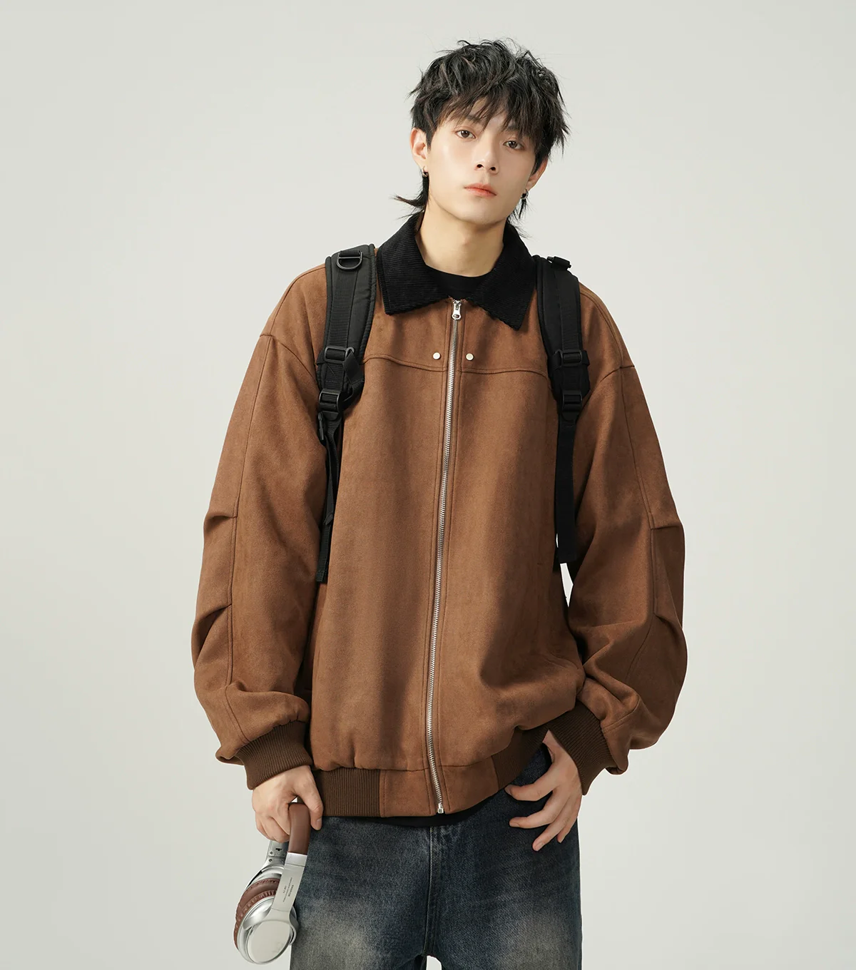 Contrast Collar Suede Panelled Bomber Jacket - Image 7