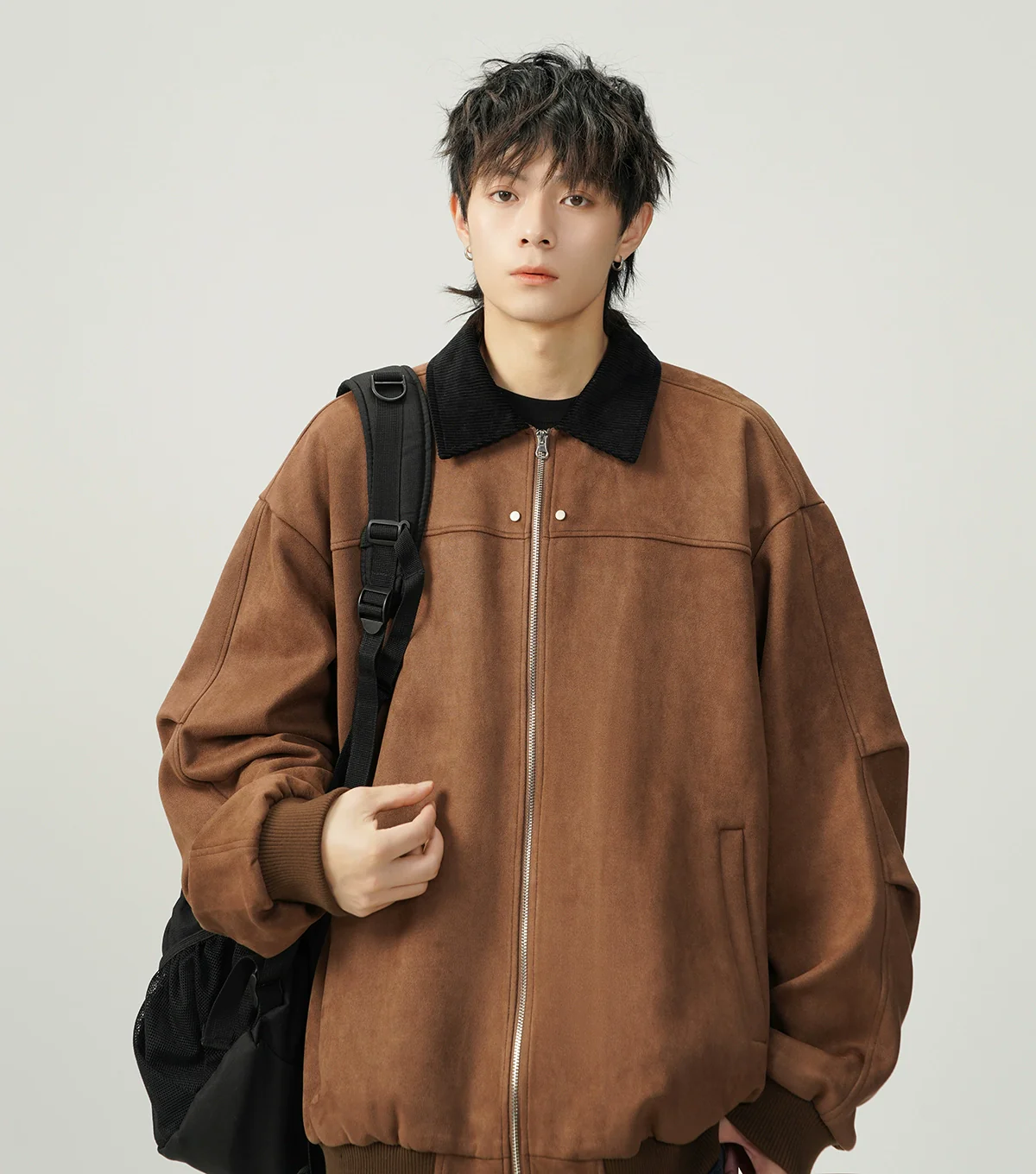 Contrast Collar Suede Panelled Bomber Jacket - Image 8