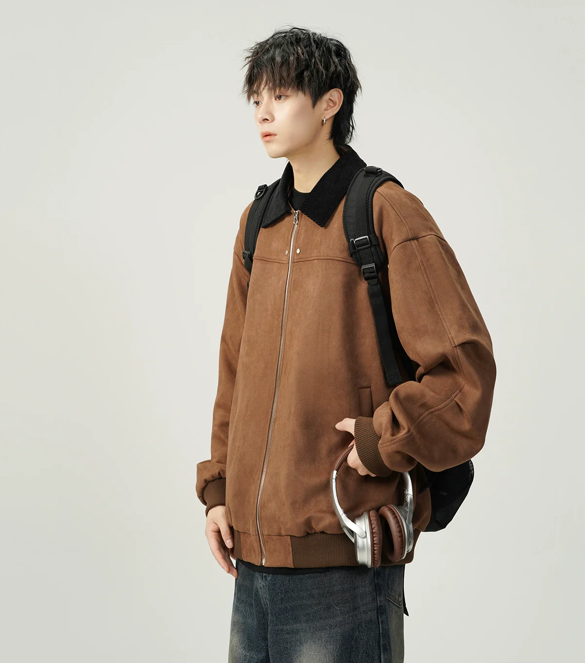 Contrast Collar Suede Panelled Bomber Jacket - Image 9