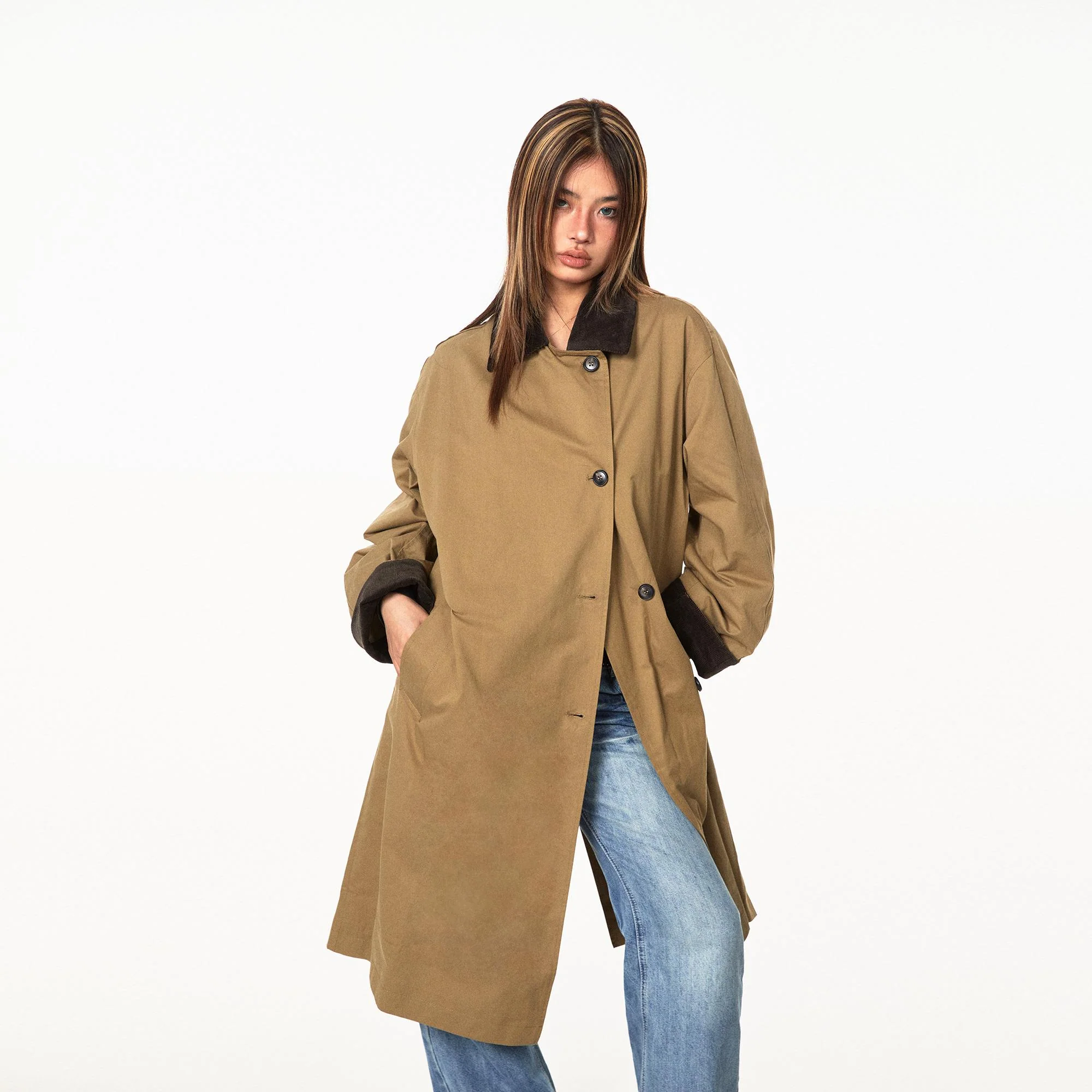 Contrast Corduroy Collar Oversized Single-Breasted Trench Coat with - Image 2