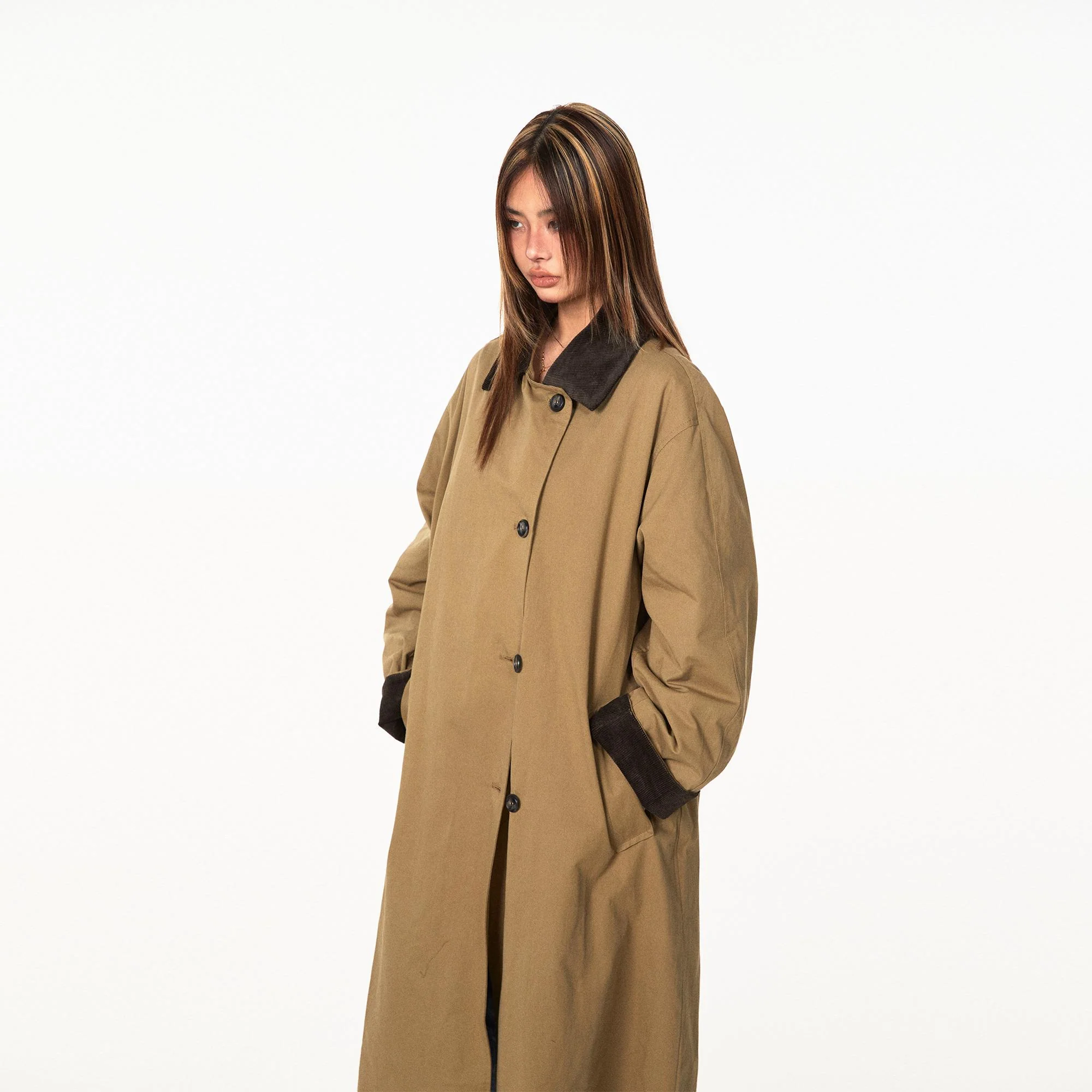 Contrast Corduroy Collar Oversized Single-Breasted Trench Coat with - Image 3