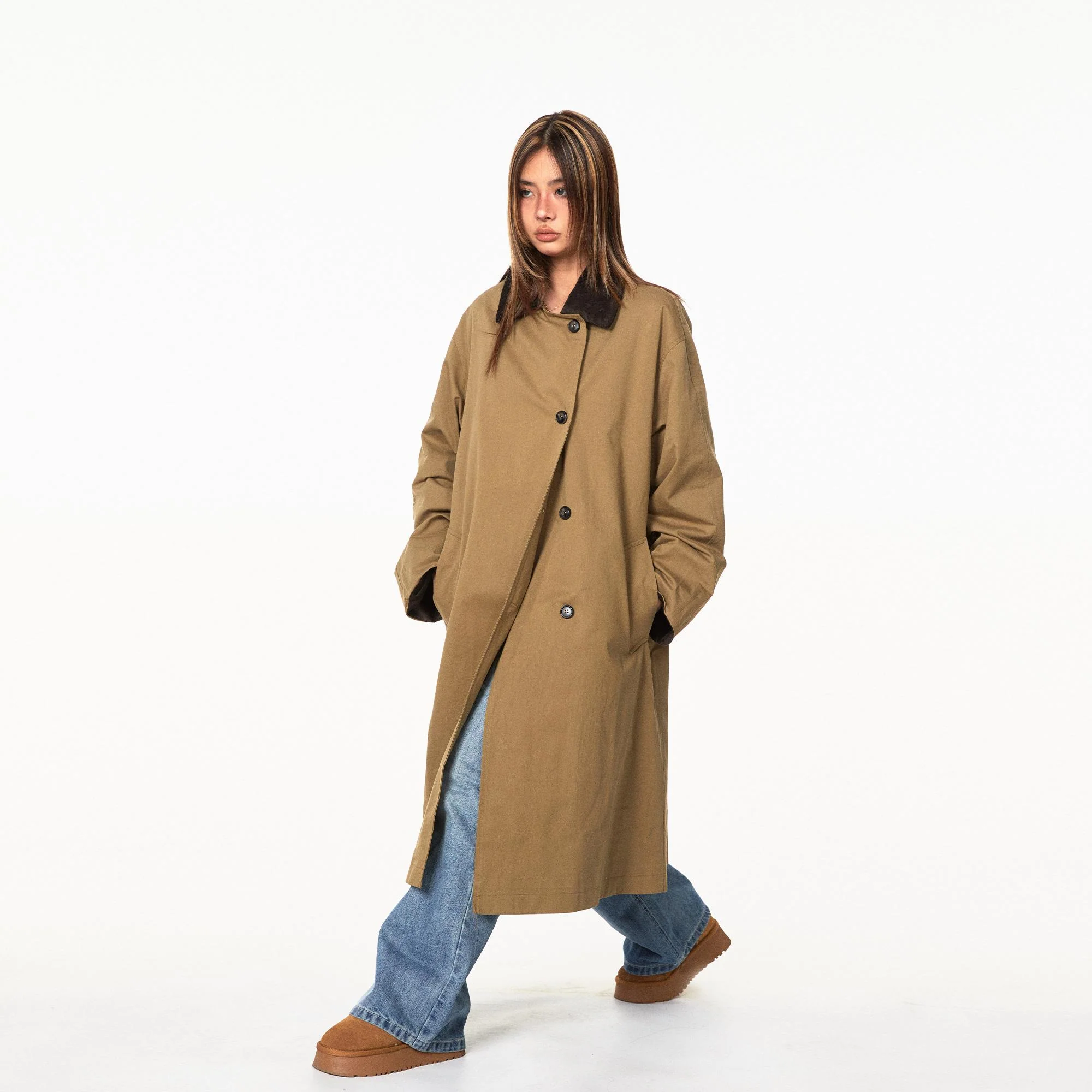 Contrast Corduroy Collar Oversized Single-Breasted Trench Coat with - Image 4
