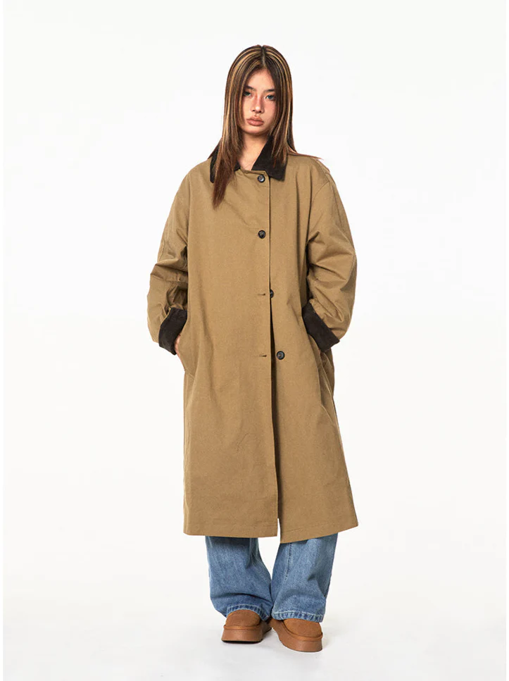 Contrast Corduroy Collar Oversized Single-Breasted Trench Coat with - Image 5
