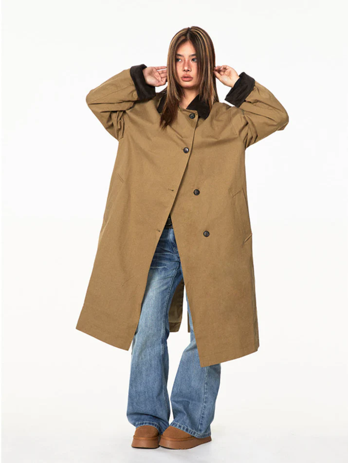 Contrast Corduroy Collar Oversized Single-Breasted Trench Coat with - Image 6