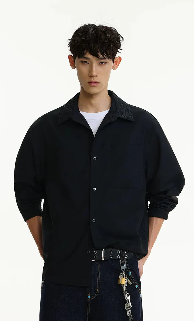 Contrast Embroidered Collar Long Sleeve Button Shirt - Image 10