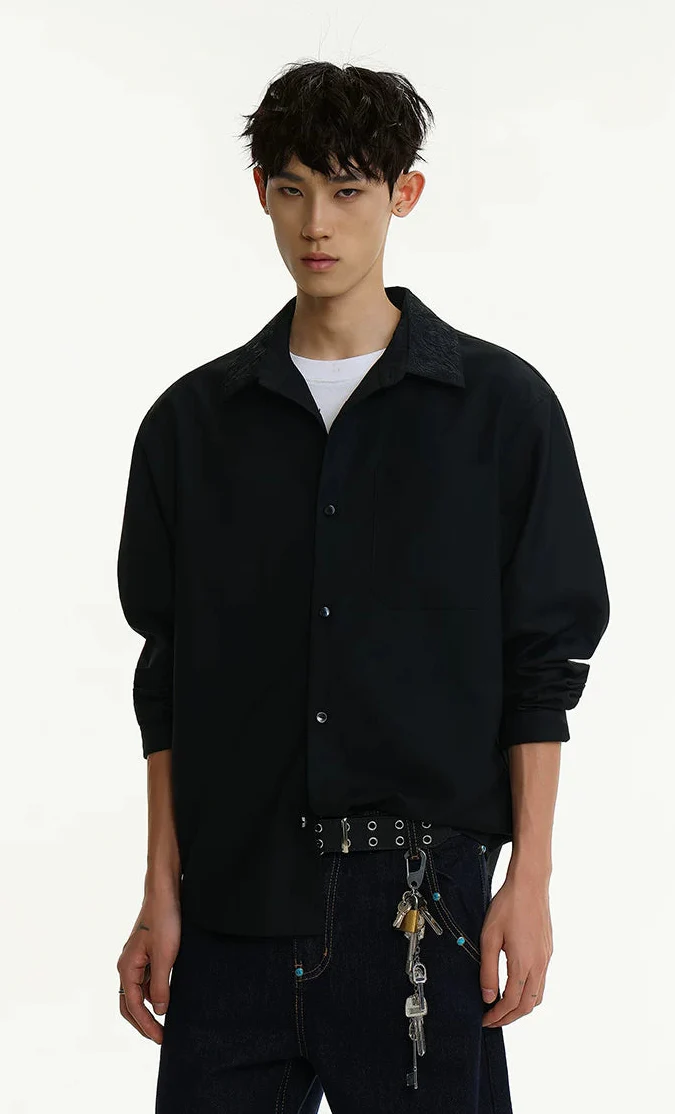 Contrast Embroidered Collar Long Sleeve Button Shirt - Image 11