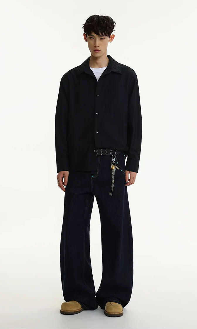 Contrast Embroidered Collar Long Sleeve Button Shirt - Image 12