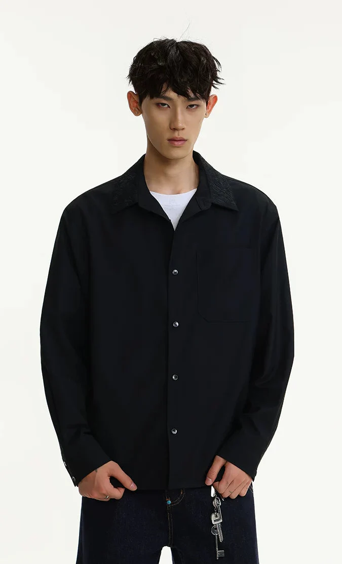 Contrast Embroidered Collar Long Sleeve Button Shirt - Image 7
