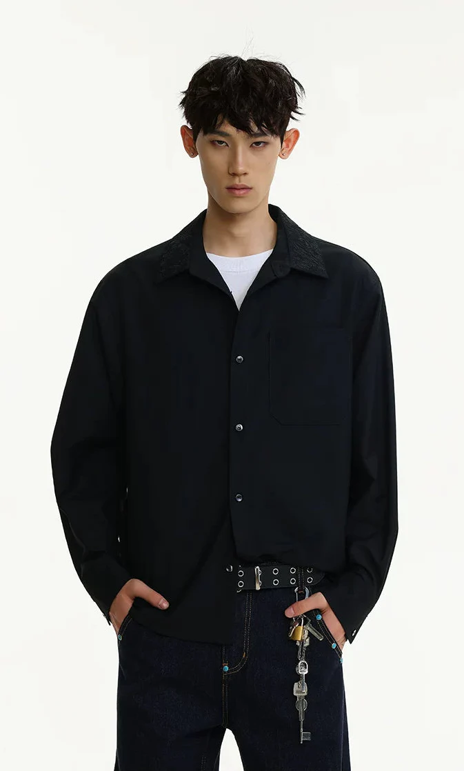Contrast Embroidered Collar Long Sleeve Button Shirt - Image 9