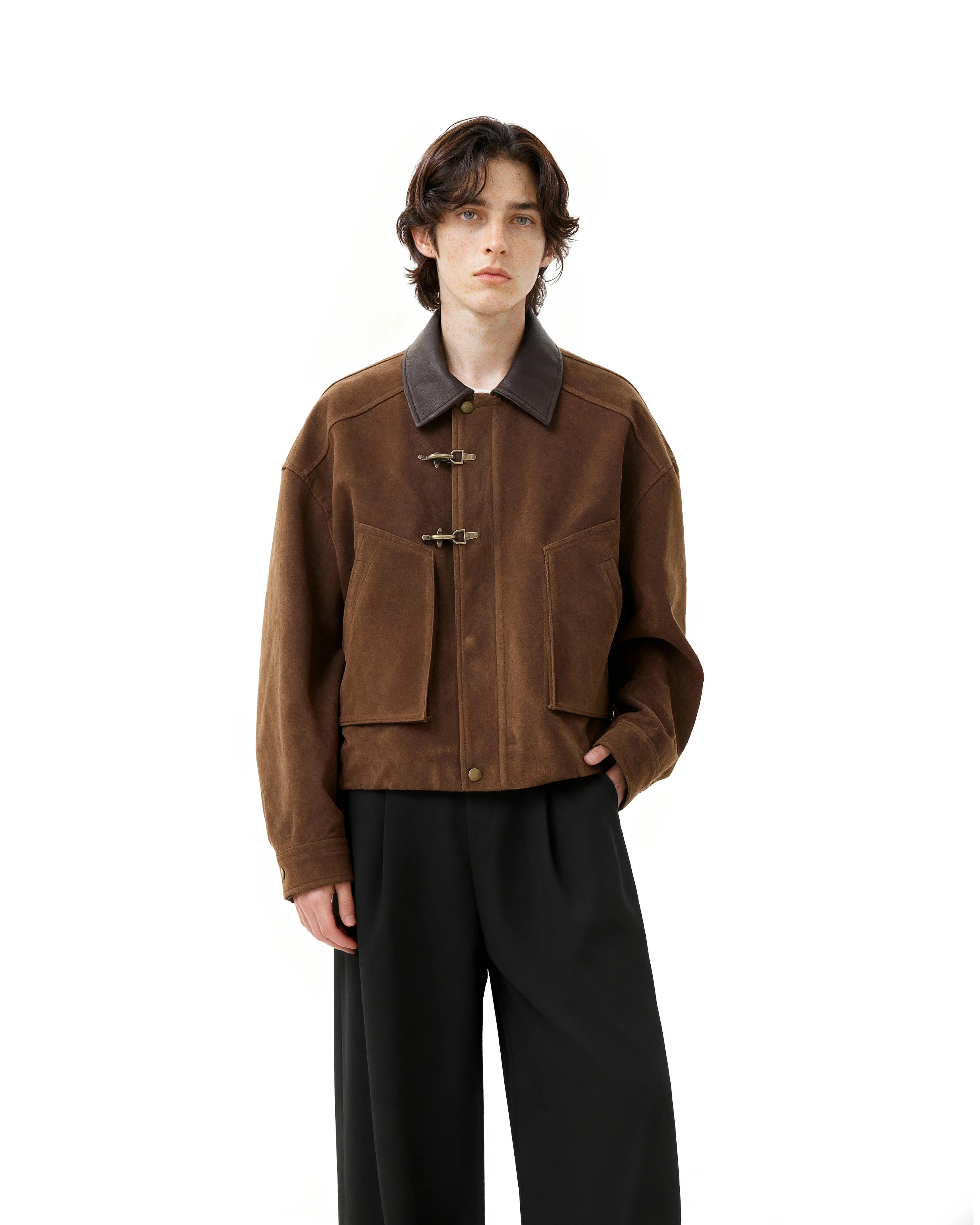 Contrast Faux-Leather Collar Fireman Buckle Suede Jacket - Image 5