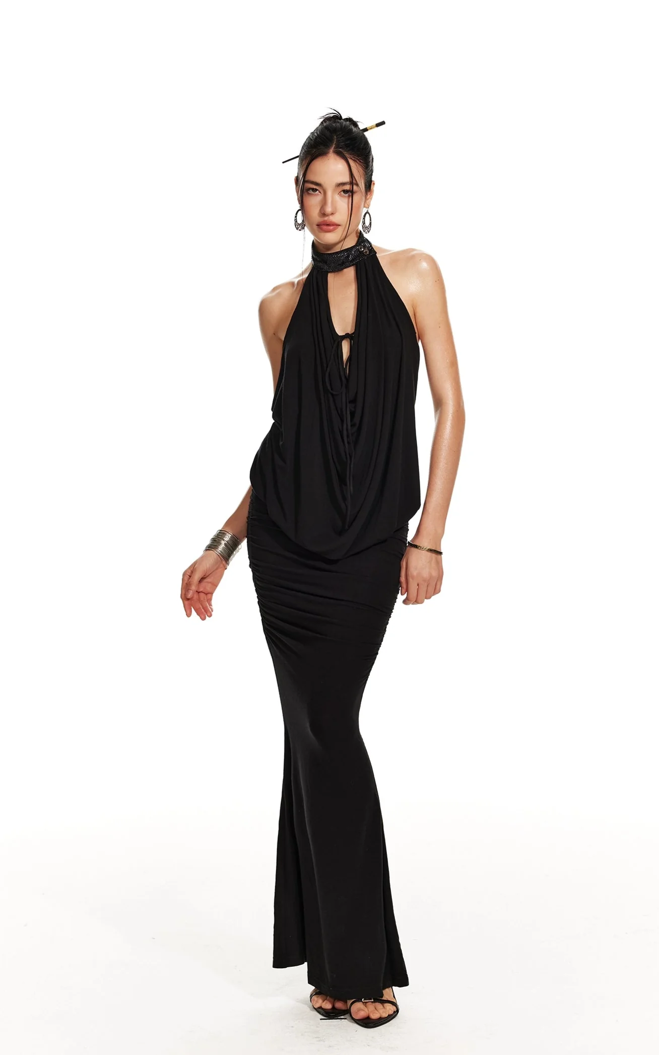Contrast Faux Leather Halter Drape Top and Mermaid Maxi Skirt Two Piece Set