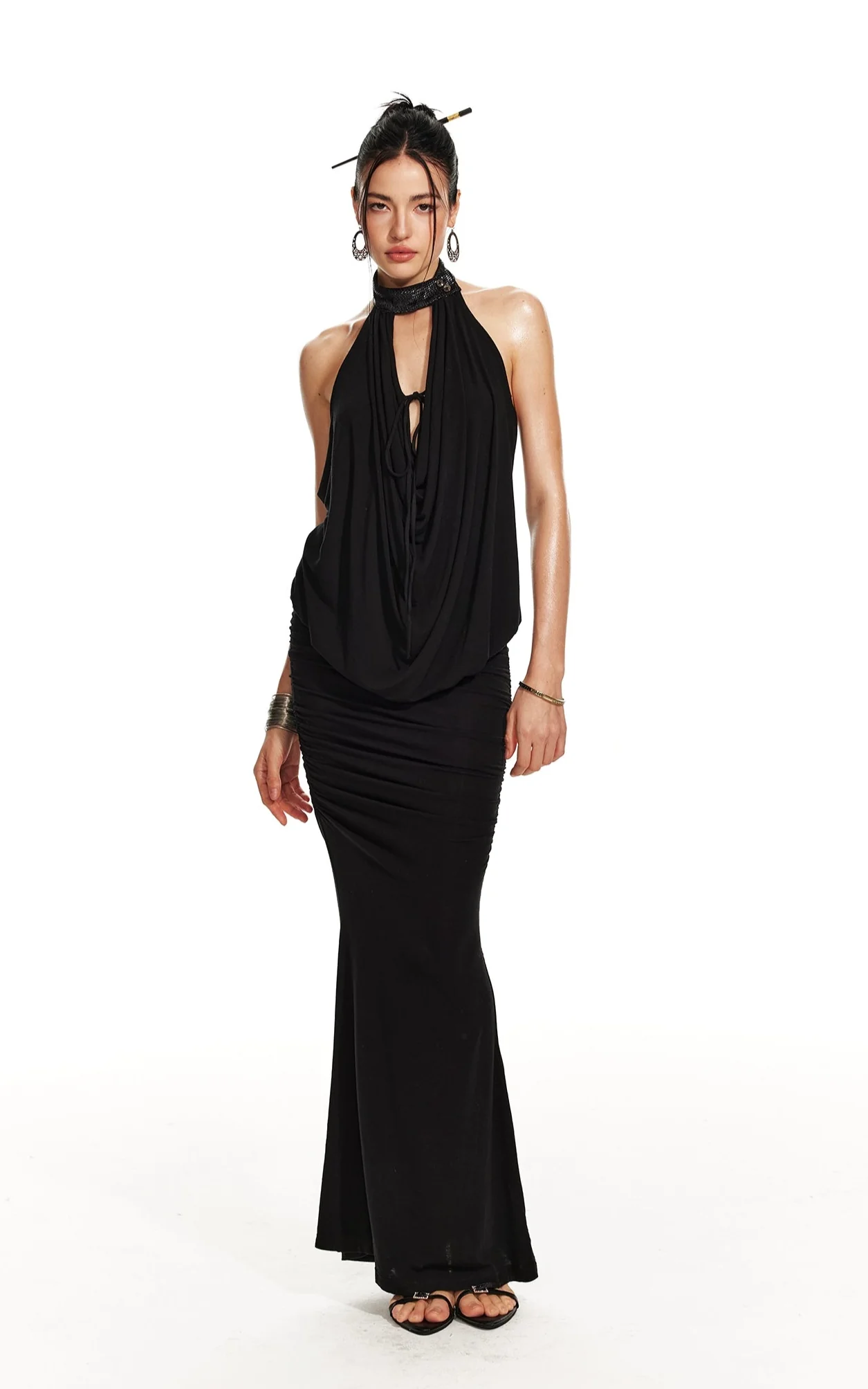Contrast Faux Leather Halter Drape Top and Mermaid Maxi Skirt Two Piece Set - Image 2