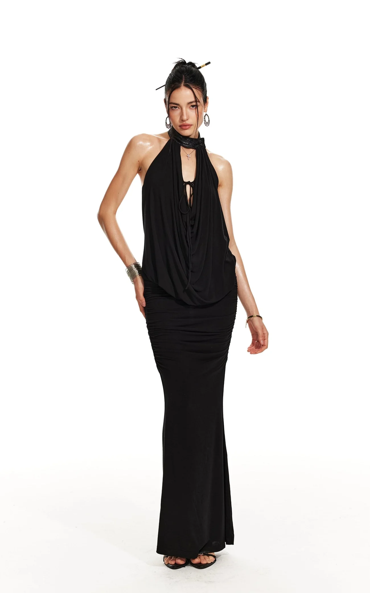 Contrast Faux Leather Halter Drape Top and Mermaid Maxi Skirt Two Piece Set - Image 4