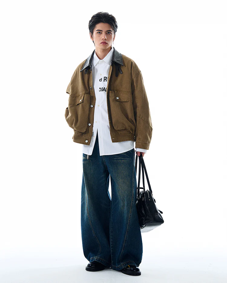 Contrast Leather Collar Oversized Utility Button Jacket - Image 10
