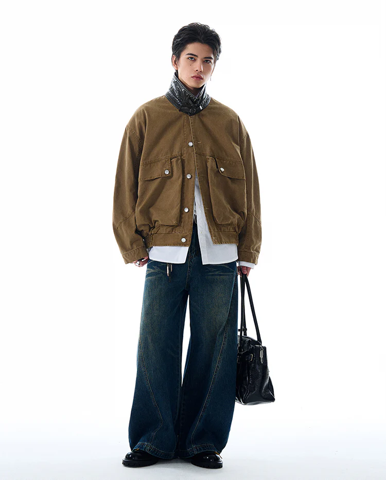 Contrast Leather Collar Oversized Utility Button Jacket - Image 11