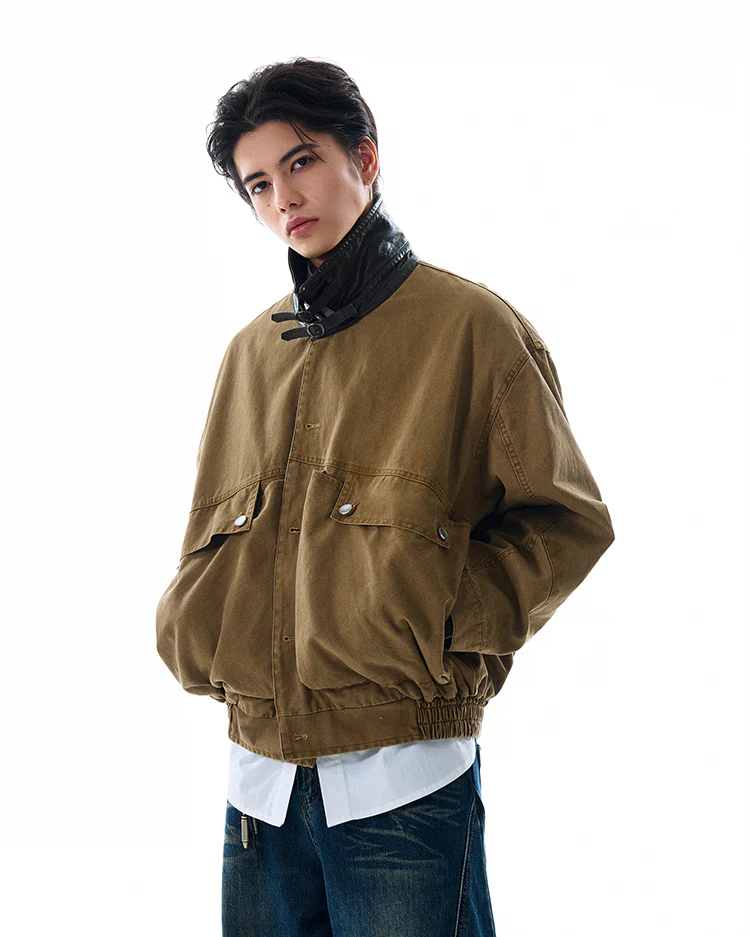 Contrast Leather Collar Oversized Utility Button Jacket - Image 2