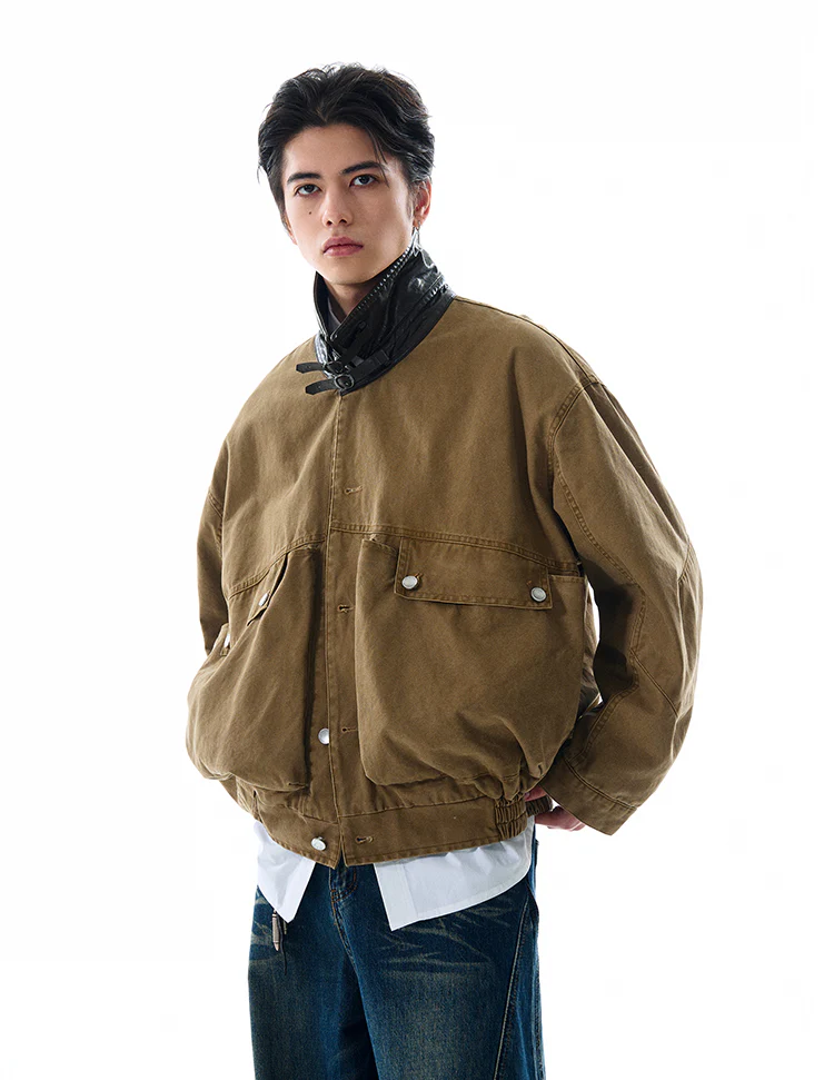 Contrast Leather Collar Oversized Utility Button Jacket - Image 3