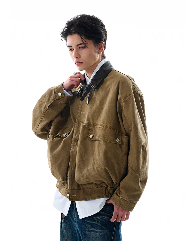Contrast Leather Collar Oversized Utility Button Jacket - Image 4