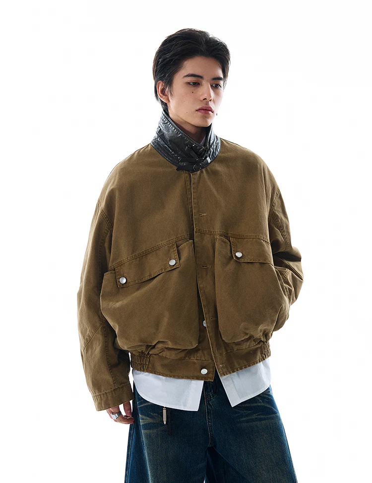 Contrast Leather Collar Oversized Utility Button Jacket - Image 5