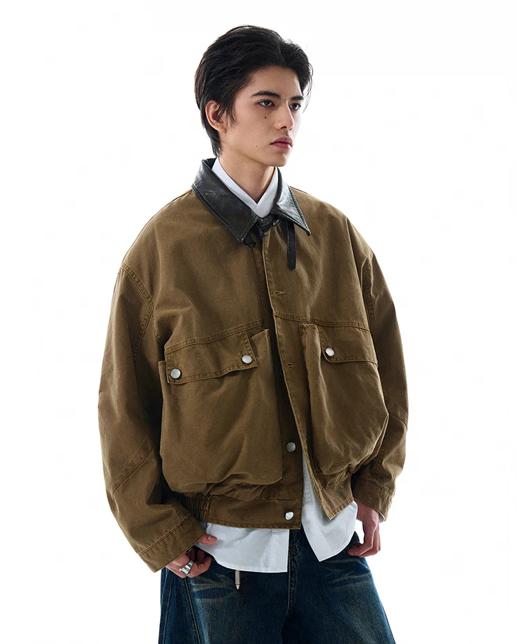 Contrast Leather Collar Oversized Utility Button Jacket - Image 6