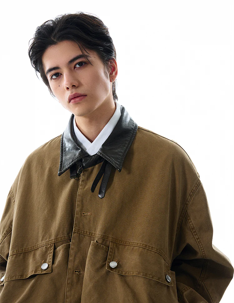 Contrast Leather Collar Oversized Utility Button Jacket - Image 7