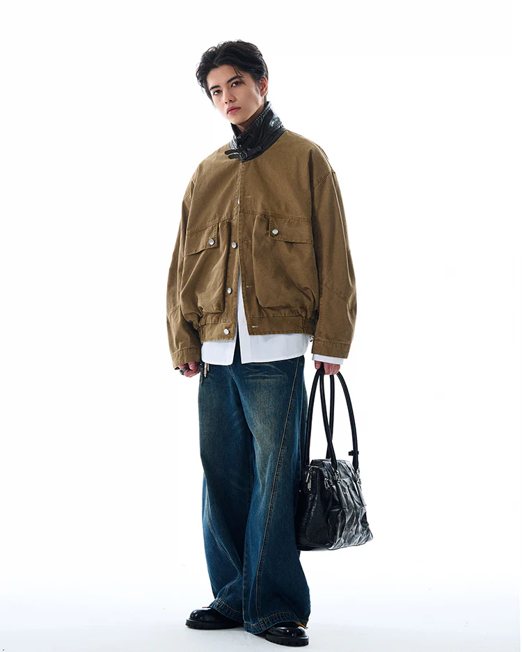 Contrast Leather Collar Oversized Utility Button Jacket - Image 8