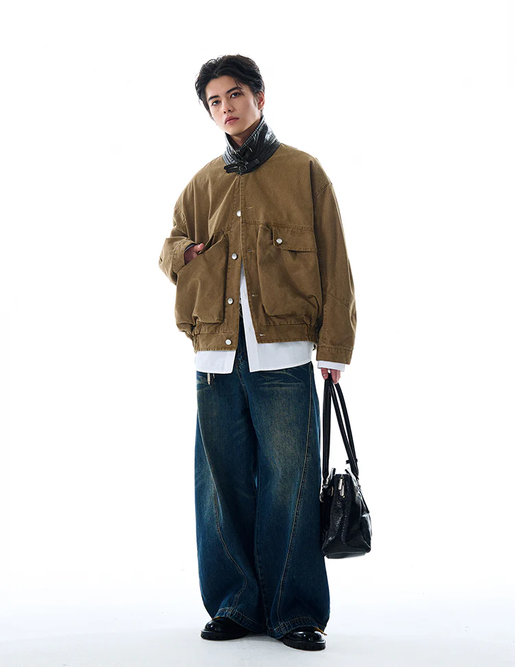Contrast Leather Collar Oversized Utility Button Jacket - Image 9