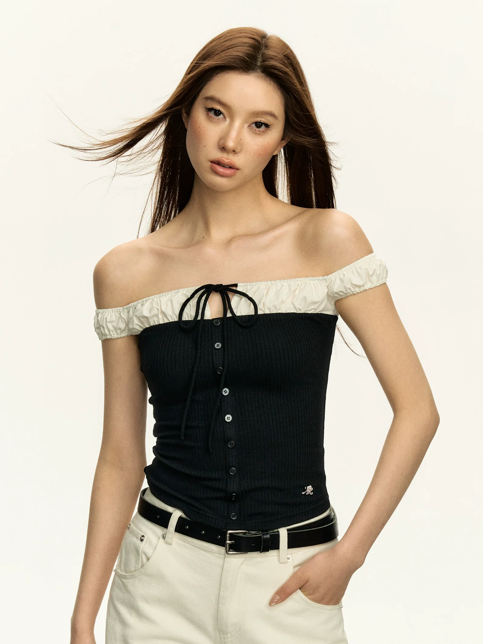 Contrast Mock-Layered Off-Shoulder Ribbed Top - Image 2