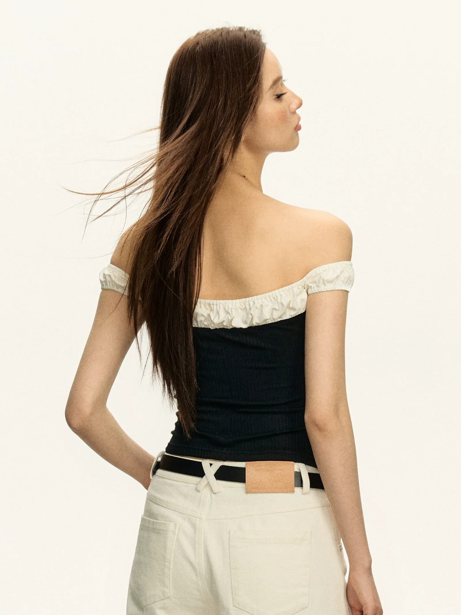 Contrast Mock-Layered Off-Shoulder Ribbed Top - Image 3