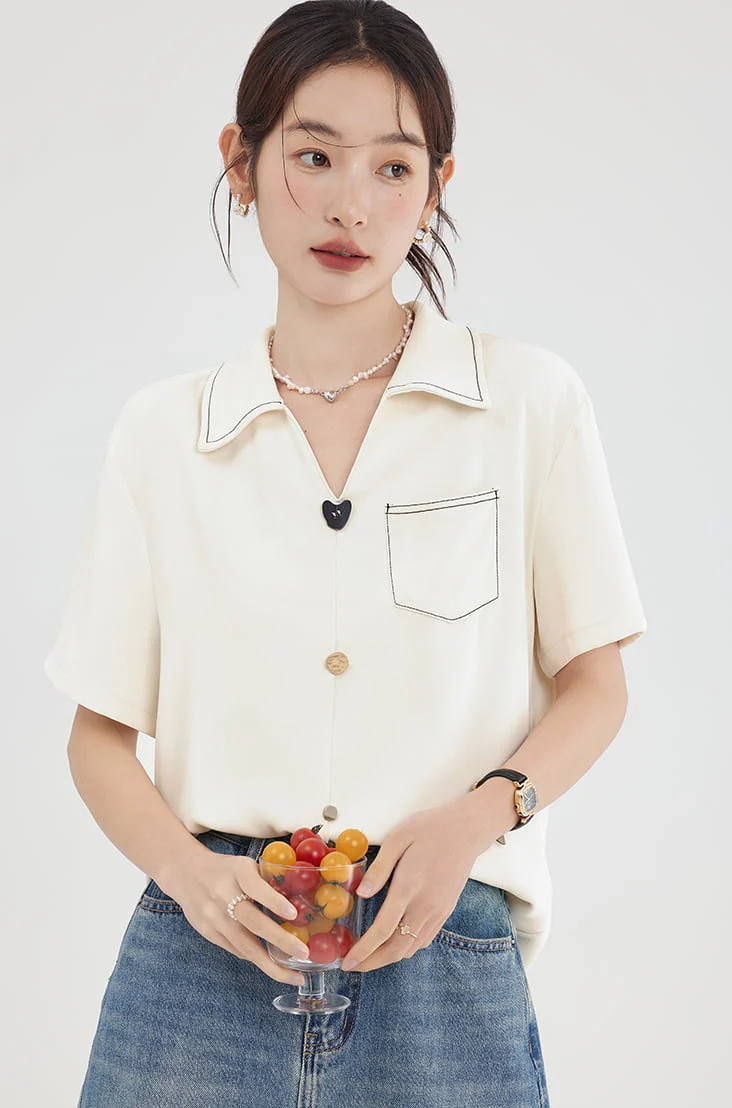 Contrast Stitch Collared Short Sleeve Top - Image 2