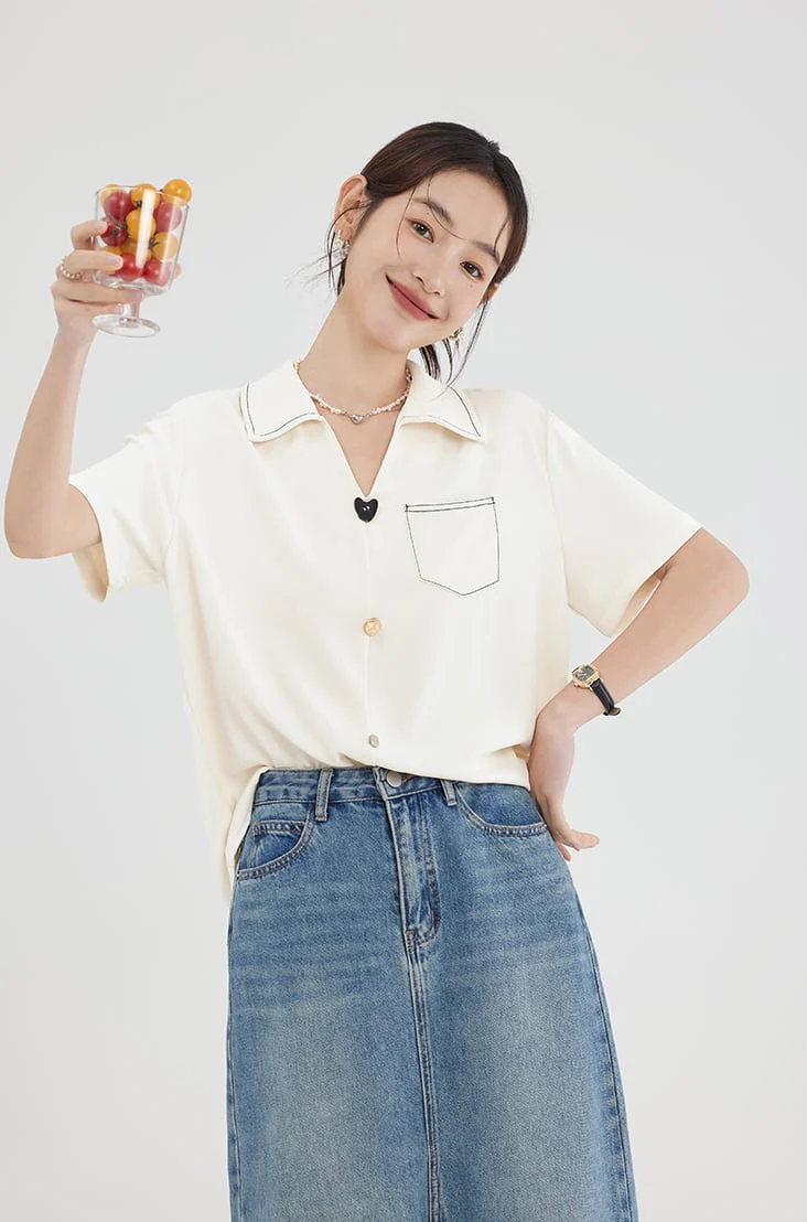 Contrast Stitch Collared Short Sleeve Top - Image 3