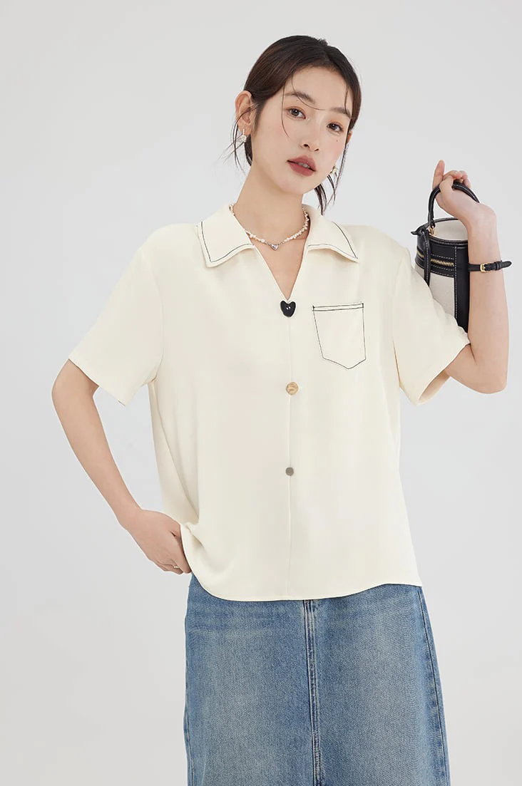 Contrast Stitch Collared Short Sleeve Top - Image 4